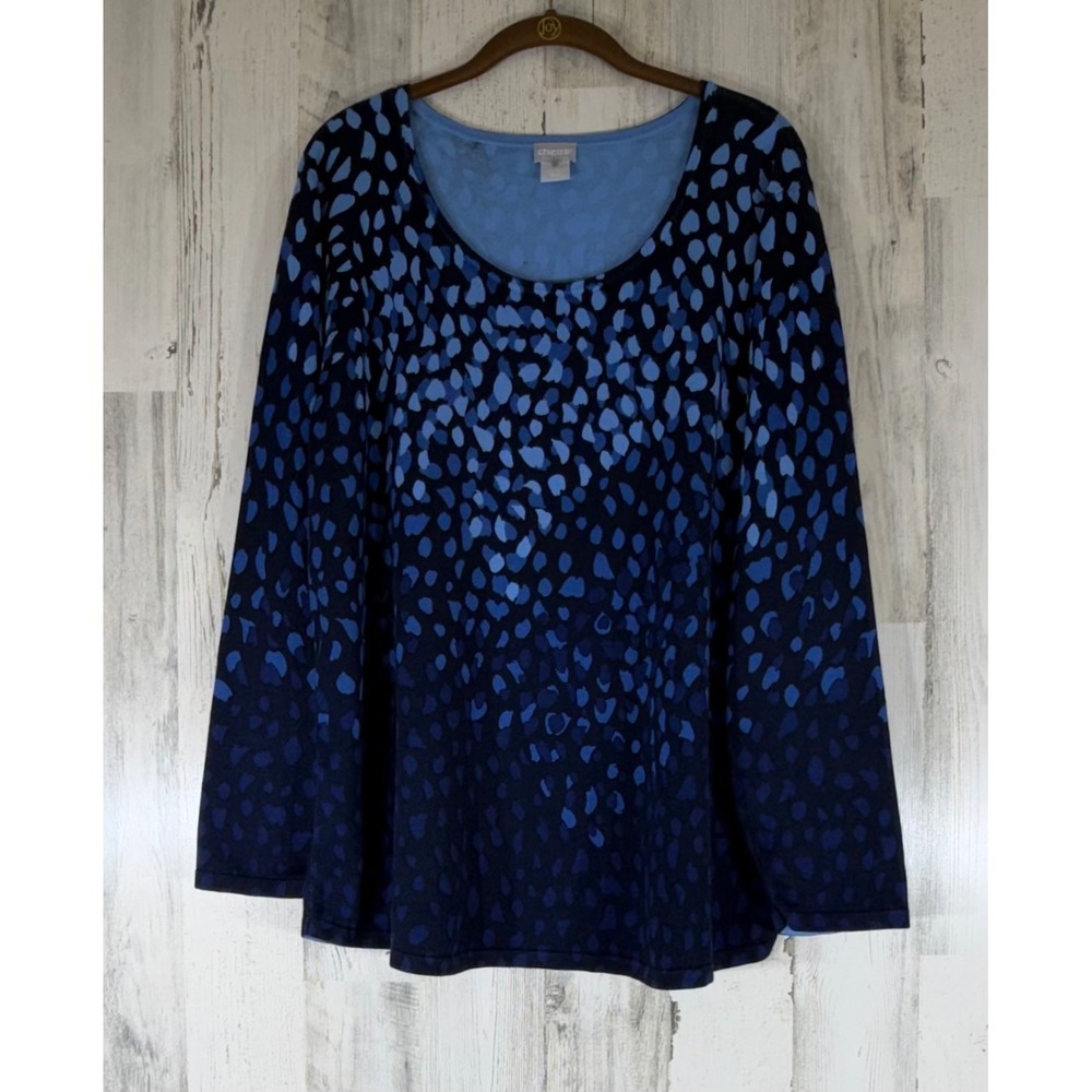Chicos Sweater Size 4 or XXL Blue Ombre Abstract Animal Print Scoop Neck